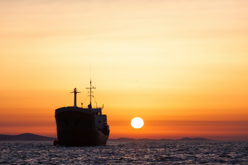 Tanker ship at sunrise.