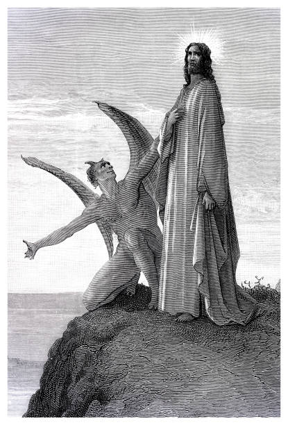 ilustraciones, imágenes clip art, dibujos animados e iconos de stock de la tentación de jesucristo por satanás - 1884