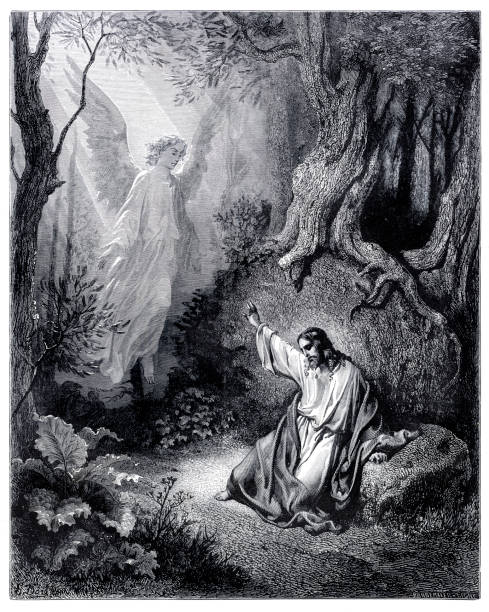 ilustraciones, imágenes clip art, dibujos animados e iconos de stock de jesús en el monte de los olivos con un ángel - 1884