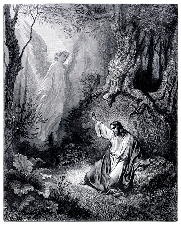 Jesus at Mount of Olives with angel
Original edition from my own archives
Source : Sagrada Biblia 1884
Graveur : Pannemaker