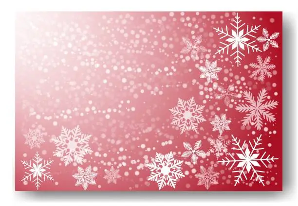 Vector illustration of Beautiful falling snowflakes, wallpaper, background with copy space. Winter dust ice particles. Snowfall, red background. Winter snowflakes. January, december, february theme. Snow hurricane scenery