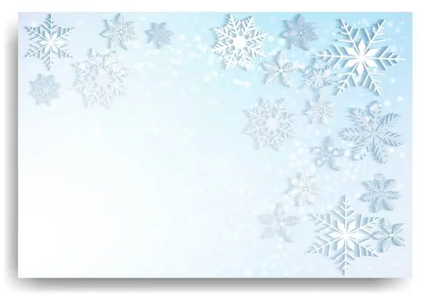 Vector illustration of Beautiful falling snowflakes, wallpaper, background with copy space. Winter dust ice particles. Snowfall, blue background. Winter snowflakes. January, december, february theme. Snow hurricane scenery