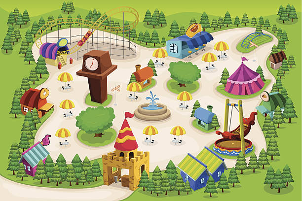 ilustraciones, imágenes clip art, dibujos animados e iconos de stock de parque de diversiones mapa - parque de atracciones ilustraciones