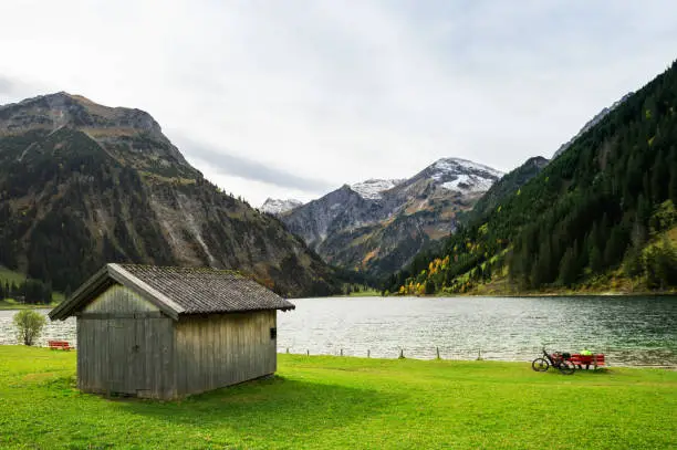 Vilsalpsee (Vilsalp Lake) at Tannheimer Tal, beautiful mountain scenery in Alps at Tannheim, Alps mountain lake landscape