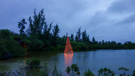Green Christmas. New year tree with illuminated garland lights on the lake in the tropical forest. Happy winter holidays and merry Christmas in hot countries