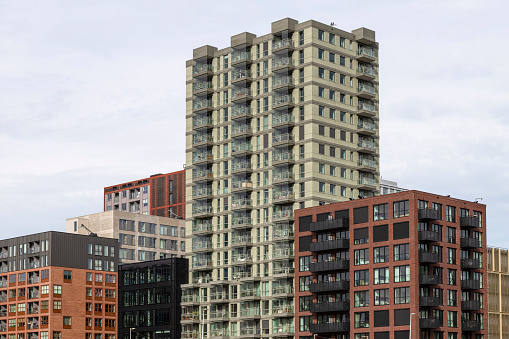Modern high-rise apartment buildings in the new NDSM district in Amsterdam.