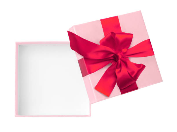 istock Pink open gift box with red bow and ribbon isolated on white 1793595859