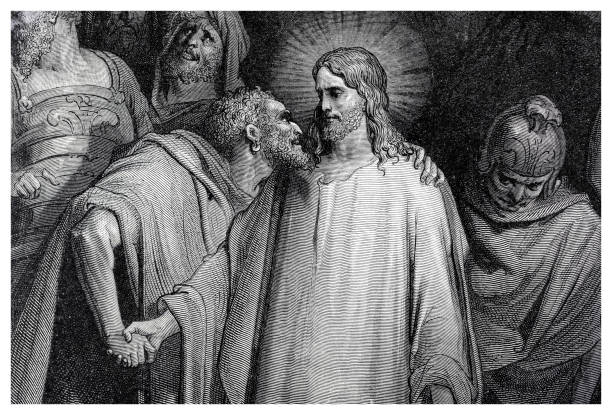 ilustraciones, imágenes clip art, dibujos animados e iconos de stock de judas iscariote sosteniendo y besando a jesucristo en el huerto de getsemaní - 1884