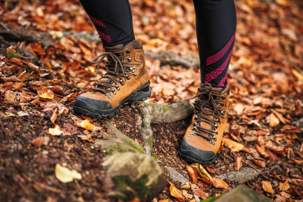 istock Female legs with leather ankle boots walking in extreme terrain 1793599015