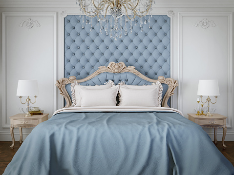 Blue classic style bedroom with blue bedding.3d rendering