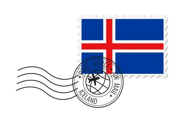 Vector illustration of Iceland postage stamp. Postcard vector illustration with Icelandic national flag isolated on white background.