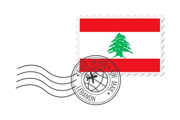 레바논 우표. 흰색 배경에 고립된 레바논 국기를 가진 엽서 벡터 그림입니다. - postage stamp design element mail white background stock illustrations