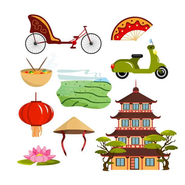 Vector illustration of Set of equipment vietnam in cartoon style. Vector illustration of bicycle, moped, fan, noodles, tower, tea plantations, lilies, lanterns, Asian hat white background.