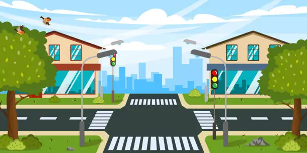 Vector illustration of Vector illustration of a beautiful summer crossroads. Cartoon urban landscape with trees, path, lantern, houses, birds, traffic lights, highway and city the background.