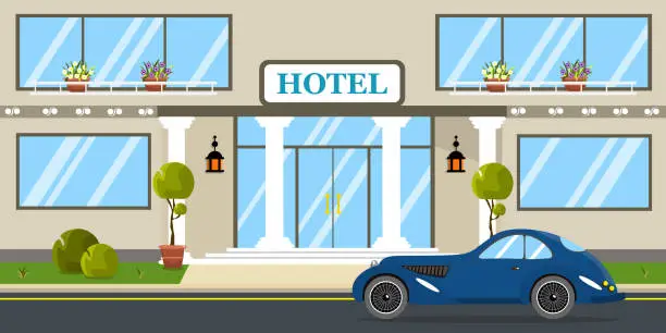 Vector illustration of Vector illustration of beautiful hotel. Cartoon urban buildings with parked expensive cars, decorated with flower pots.