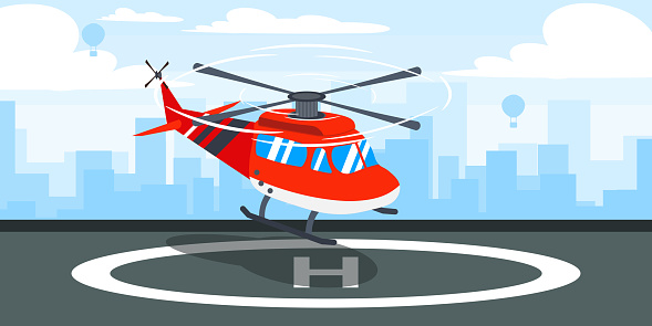 Vector illustration of a beautiful helipad. Cartoon urban buildings with landing helicopters and city in the background.