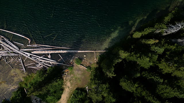 Aerial view of forested mountain lake, woman relaxing