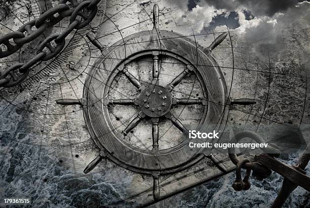 Vintage Navigation Background Illustration With Steering Wheel Charts Anchor Chains Stock Photo - Download Image Now