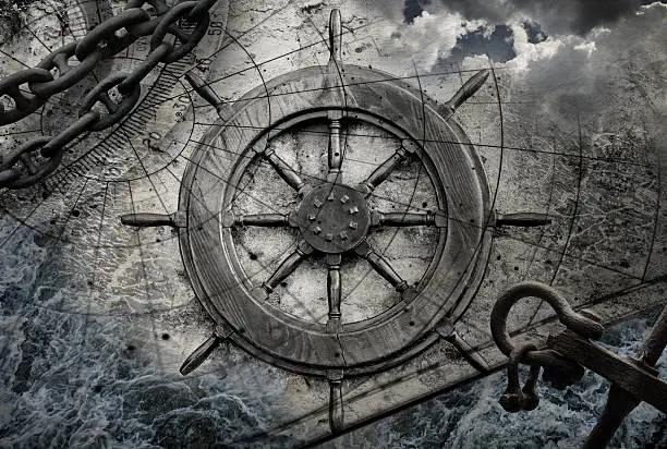 Vintage navigation background illustration with steering wheel, charts, anchor, chains
