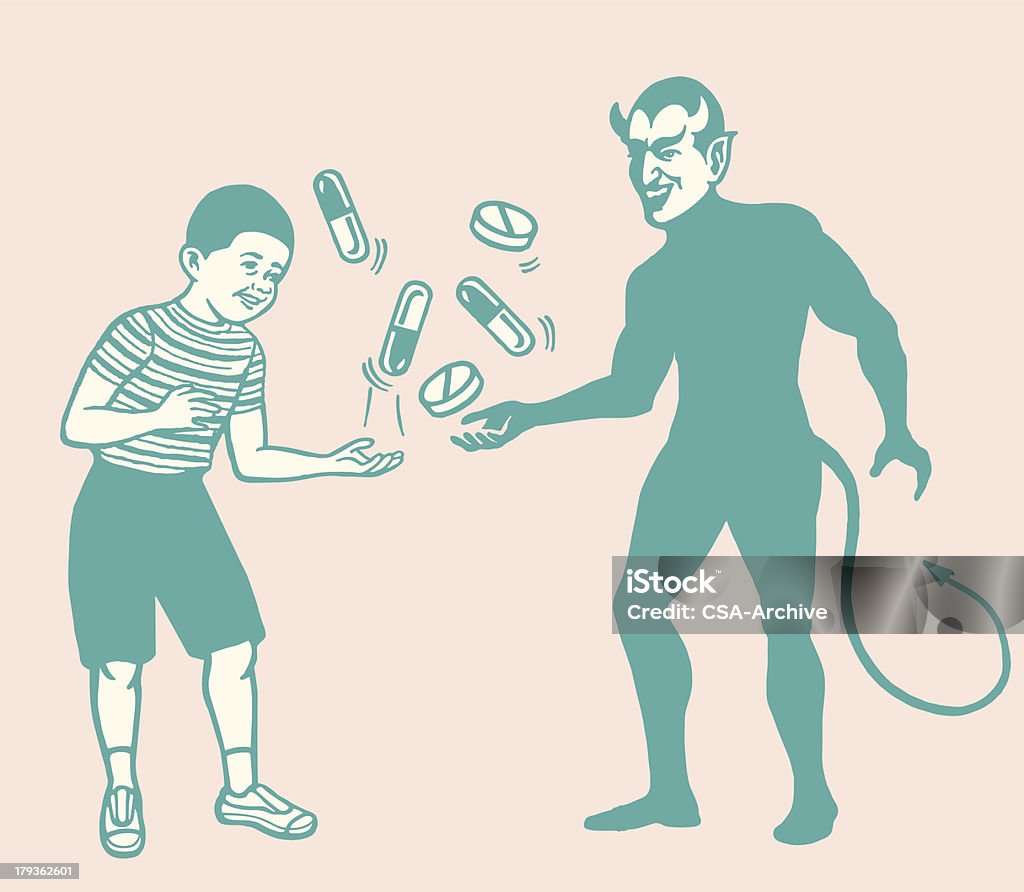 Chłopiec i Diabeł Żonglerka pigułki - Grafika wektorowa royalty-free (Lekarstwo)