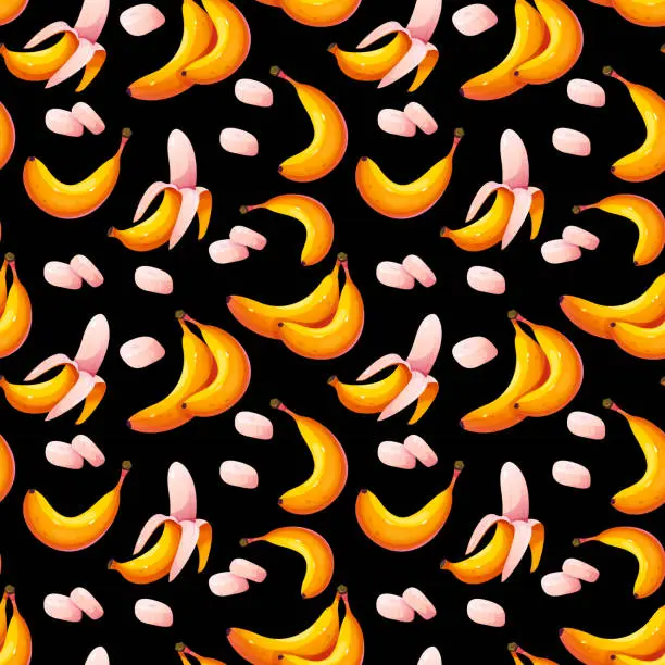 Vector illustration of Vector seamless pattern of banana on a black background.