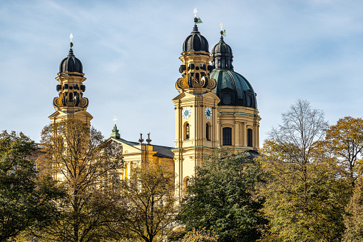 Autumn view of the Theatine Church of St. Cajetan - Theatinerkirche St. Kajetan, a Catholic church in Munich, founded by Elector Ferdinand Maria and his wife, Henriette Adelaide of Savoy.