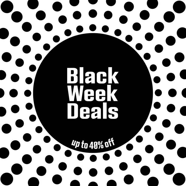 illustrazioni stock, clip art, cartoni animati e icone di tendenza di offerte black week fino al 40% di sconto. poster di vendita quadrato con punti neri su sfondo bianco. - 40 weeks