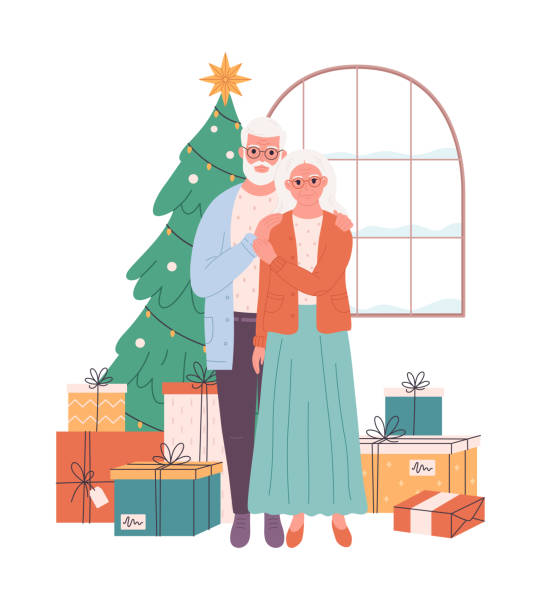 ilustrações, clipart, desenhos animados e ícones de casal de idosos comemorando natal ou ano novo. árvore de natal com presentes. ilustração vetorial em estilo plano - christmas present senior men surprise gift box