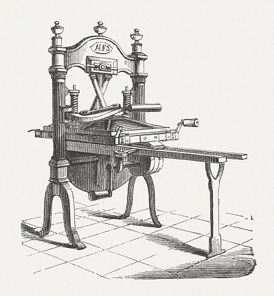 Hagar printig press, called after the type founder William Hager (1798-1863), New York. Woodcut engraving from my archive, published in 1876.