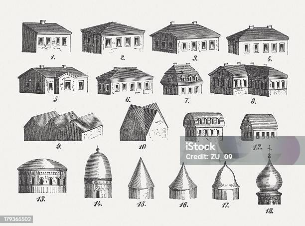 Estilo De Telhados Publicada Em 1876 - Arte vetorial de stock e mais imagens de Abrigo de Jardim - Abrigo de Jardim, Arquitetura, Arte Xilográfica em Estilo Oriental