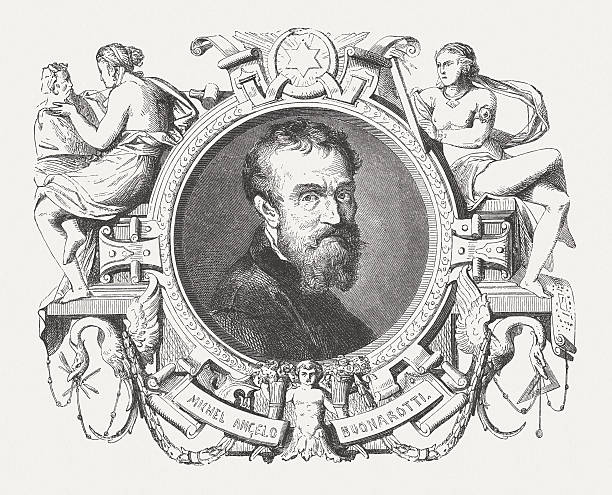 Michelangelo Buonarroti (1475-1564), wood engraving, published in 1876 Michelangelo Buonarroti (1475 - 1564), Italian painter, sculptor, architect and poet. He is considered one of the most important artists of the Italian Renaissance. Woodcut engraving from the book "Das Buch der Erfindungen, Gewerbe und Industrien, Band 1 (The book of inventions, commerce and industries, Volume 1)", published by Otto Spamer, Berlin and Leipzig (1876) michelangelo stock illustrations