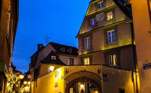 Image of some illuminated streets of the village of Obernai during Christmas