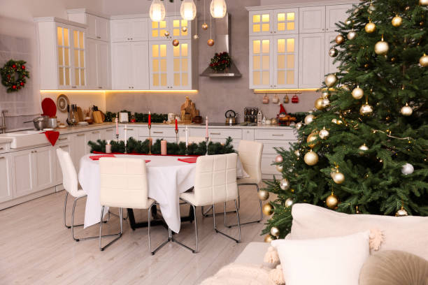 istock Cozy spacious kitchen decorated for Christmas. Interior design 1793666975