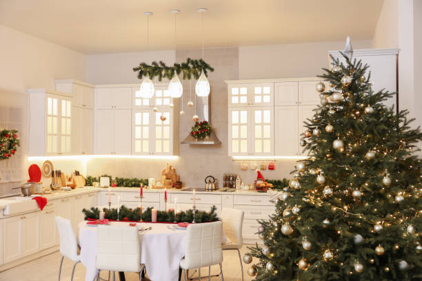 istock Cozy spacious kitchen decorated for Christmas. Interior design 1793667559
