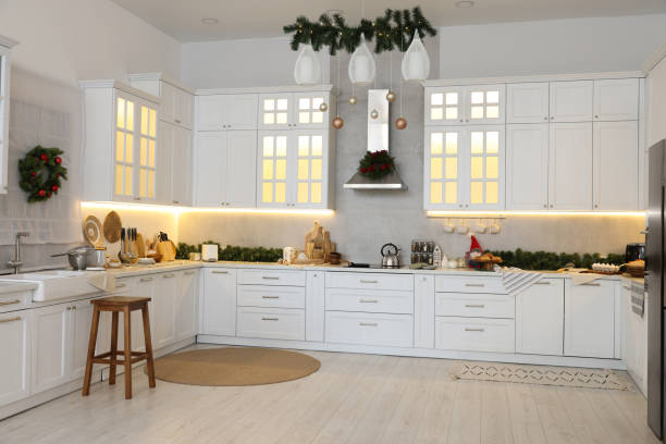 istock Cozy spacious kitchen decorated for Christmas. Interior design 1793668129