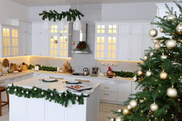 istock Cozy spacious kitchen decorated for Christmas. Interior design 1793668135