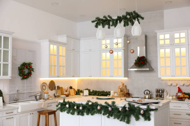 istock Cozy spacious kitchen decorated for Christmas. Interior design 1793668137