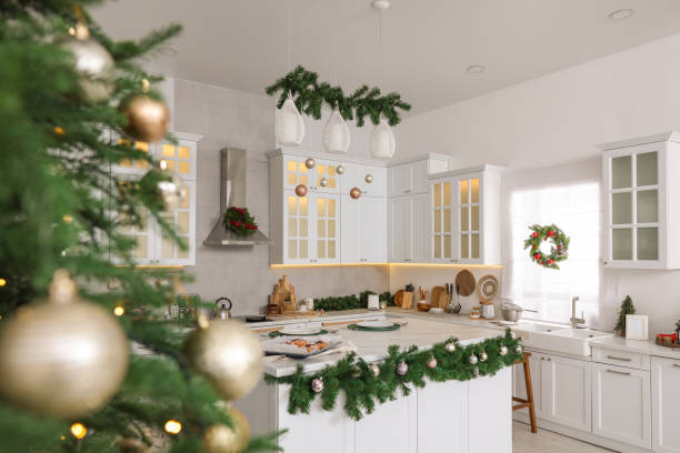 istock Cozy spacious kitchen decorated for Christmas. Interior design 1793669180