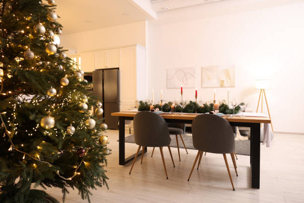 istock Cozy spacious kitchen decorated for Christmas. Interior design 1793669181