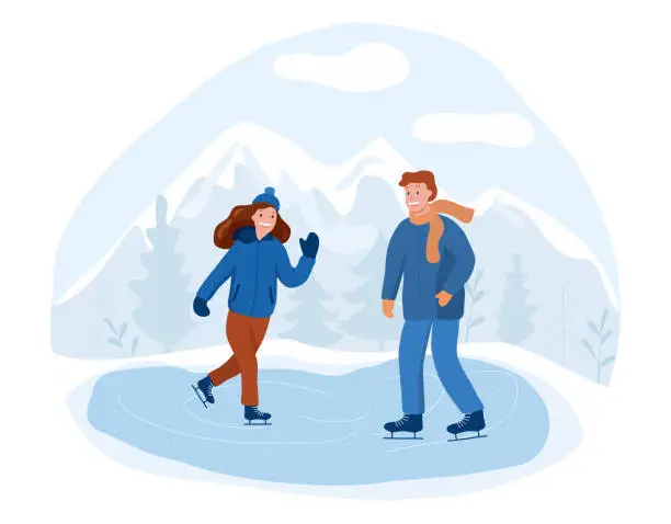 Vector illustration of Girl and boy skating outdoors, forest and mountains on background, winter sports concept, vector