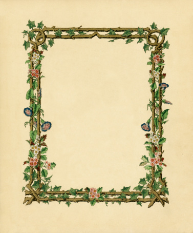 A border of convolvulus, ivy and wild roses entwining a rustic wooden trellis on a mottled cream background, with copy space. From “The May Queen by Alfred Tennyson, in Illuminated Borders designed by L Summerbell”, published by Frederick Warne & Co, Scribner, Welford & Armstrong, London & New York, in 1872.