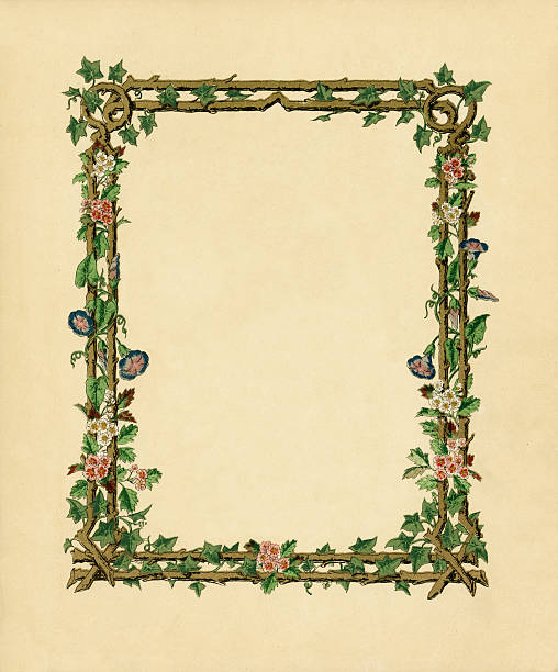 Victorian frame with wild roses and convolvulus A border of convolvulus, ivy and wild roses entwining a rustic wooden trellis on a mottled cream background, with copy space. From “The May Queen by Alfred Tennyson, in Illuminated Borders designed by L Summerbell”, published by Frederick Warne & Co, Scribner, Welford & Armstrong, London & New York, in 1872. swirly vines stock illustrations