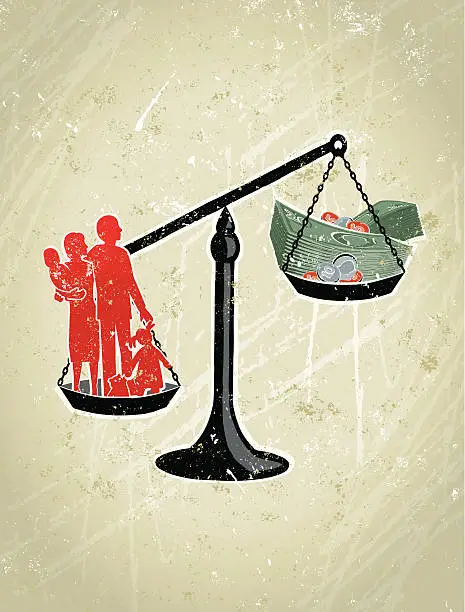 Vector illustration of Parents, Children Weighed on Giant Scales Against Money