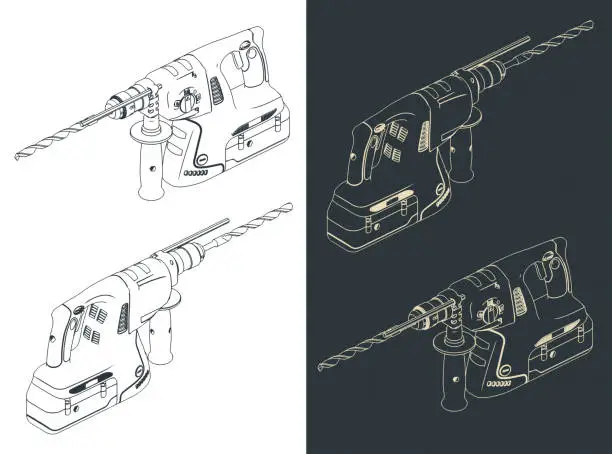 Vector illustration of Professional cordless SDS Drill isometric blueprints