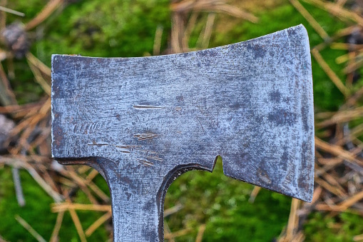 part of one old gray iron ax with a sharp blade on the street against a background of green moss