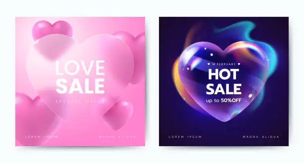 Vector illustration of Creative Valentine's Day Sale promo banner design with transparent glossy glass heart and place for text. Colorful heart in fire. Realistic 3d style. Ideal for greeting card, social media.