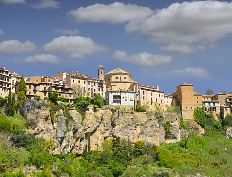 Cuenca hanging houses and cliffs, Spain. Cuenca is World heritage site by Unesco. Old historic town houses built on a cliff