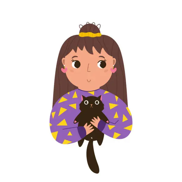 Vector illustration of Vector illustration of young girl embracing funny cat