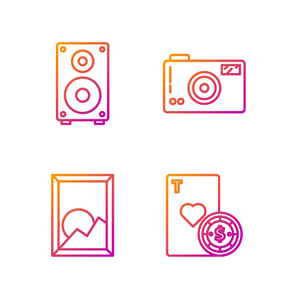 Set line Casino chip and playing cards, Picture landscape, Stereo speaker and Photo camera. Gradient color icons. Vector
