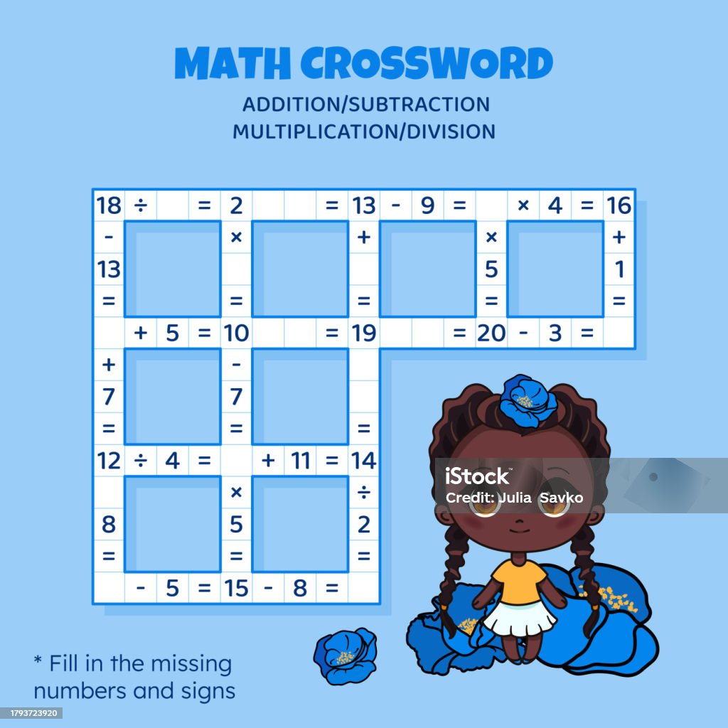 Math Crossword Puzzle For Kids Addition Subtraction Multiplication And
